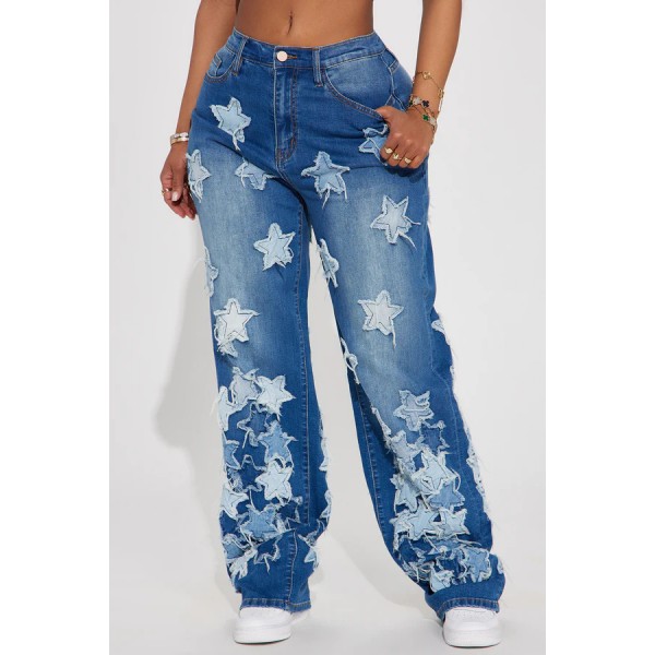 Women Fashion Casual Star Patch Ripped 2