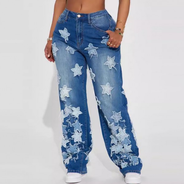 Women Fashion Casual Star Patch Ripped 2