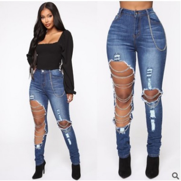 Women Fashion Skinny Ripped Chain 2