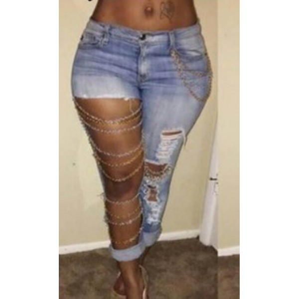 Women Fashion Skinny Ripped Chain 2