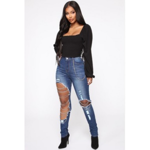 Women Fashion Skinny Ripped Chain 2