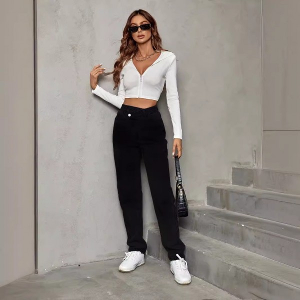 Women Fashion Casual High Waist Loose Straight 2