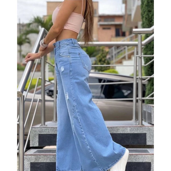 Women Fashion High Waist Ripped Wide Leg 2