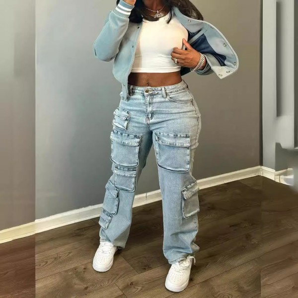 Women Fashion High Waist Stretch Multi-Pocket Denim Cargo Pants