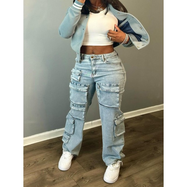 Women Fashion High Waist Stretch Multi-Pocket Denim Cargo Pants