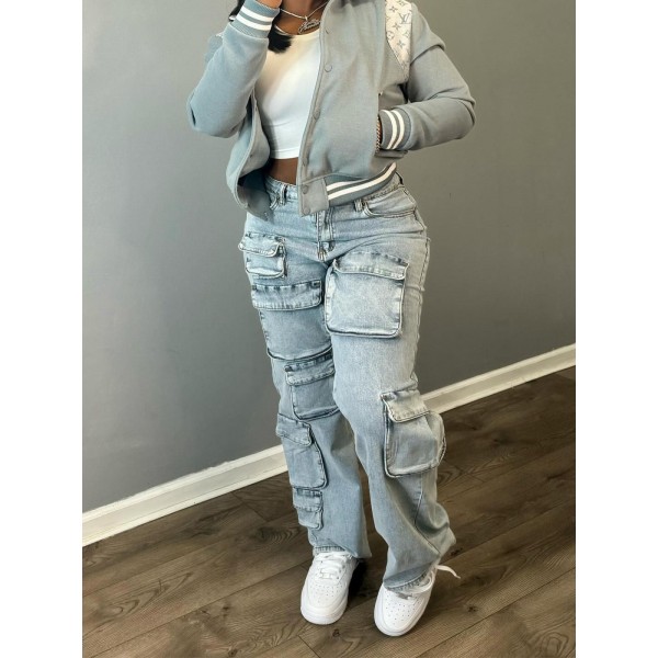 Women Fashion High Waist Stretch Multi-Pocket Denim Cargo Pants