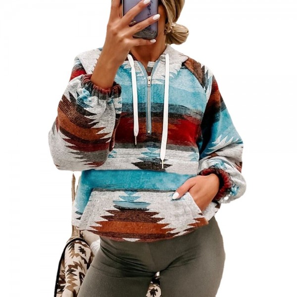 Western Women Autumn And Winter Yarn-Dyed Pattern Hooded Rope Zipper V-Neck Hoodie